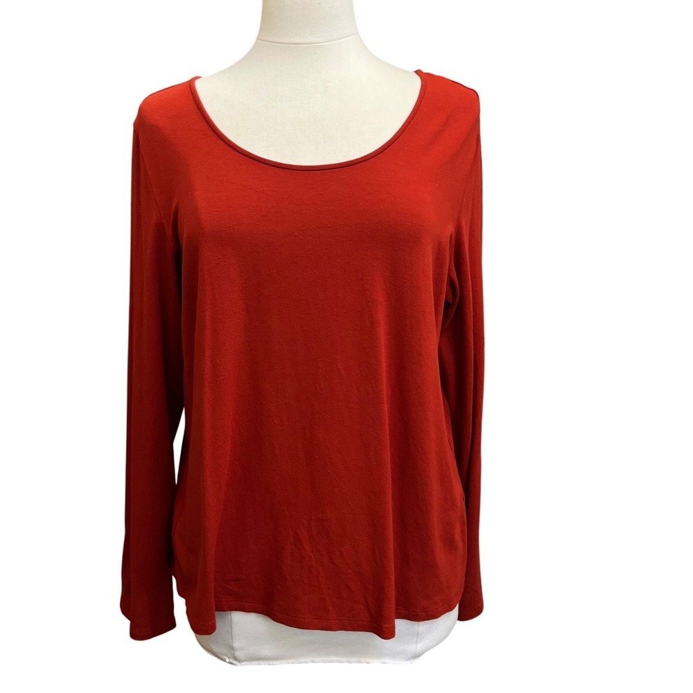 Eileen Fisher Rayon Blend Red Long Sleeve‎ Stretch Scoop Neck Top XL